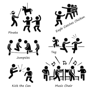 Kindheit Kinder Freunde Party Spiele Kinder spielen Pinata Chase Tag Jumpsies Kicking Can Musical Stühle Download Icons PNG SVG Vektor