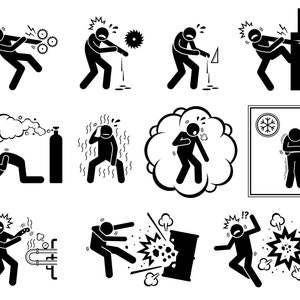 Puede incluir: Ilustraciones en blanco y negro de figuras de palo que representan varios peligros de seguridad en el lugar de trabajo, incluyendo maquinaria, fugas de gas, calor, frío y explosiones.