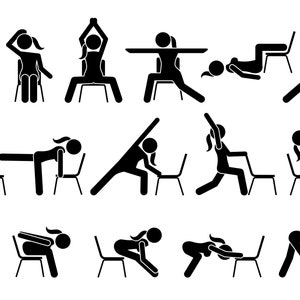 Chair Yoga Exercises Postures Poses Workout Beginners Stretch Asana Pilates Fitness Wellness Training Digital Download SVG PNG EPS Vector
