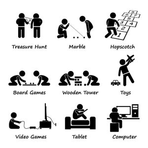 May include: Black and white stick figure illustrations of children playing different games. The games include treasure hunt, marbles, hopscotch, board games, wooden tower, toys, video games, tablet, and computer.
