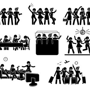 幸せな女性、女性、女性、女の子、淑女、親友、友情、グループ、一緒に買い物、食事、睡眠、ダンス、テレビ鑑賞、旅行、日 PNG SVG ベクター