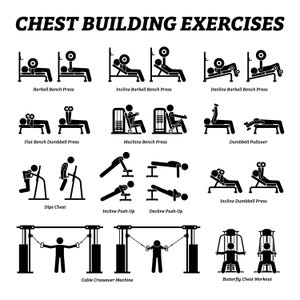 May include: Black and white stick figure illustrations of different chest building exercises, including barbell bench press, incline barbell bench press, decline barbell bench press, flat bench dumbbell press, machine bench press, dumbbell pullover, dips chest, incline push-up, decline push-up, incline dumbbell press, cable crossover machine, and butterfly chest workout.