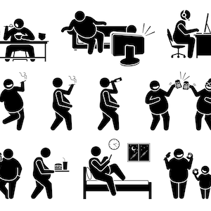 Puede incluir: Ilustraciones en blanco y negro de personas en diversas actividades, como comer, beber, fumar, ver la televisión y usar una computadora. Las ilustraciones están en un estilo simple y de dibujos animados.