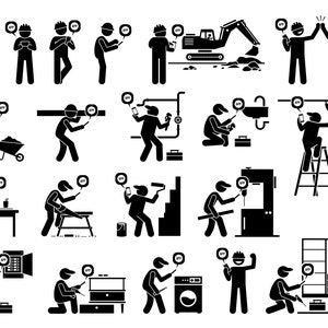 Construction Industrial Worker Using Mobile Smart Hand Phone App Application Device Tech Technology Stick Figure PNG SVG EPS Vector Download