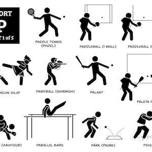 May include: Black and white stick figure illustrations of different sports, including paddle tennis, paddleball, pencak silat, paintball, palant, paleta frontón, pankration, parallel bars, pärk, and pehlwani. The text "SPORT P PART 1 of 5" is at the top of the image.