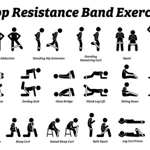 May include: Black and white illustrations of various resistance band exercises. The illustrations show a person performing each exercise using a resistance band. The exercises include standing leg abduction, standing hip extension, standing hamstring curl, squat, overhead outward push, side lying leg raise, donkey kick, glute bridge, plank leg lift, sitting rows, clam shells, scapular retraction, bicep curl, seated bicep curl, split squat, leg curl prone, and triceps extension.