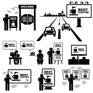 Może przedstawiać: Czarno-biała ilustracja promująca kawę. Obraz przedstawia różne sceny, w tym billboardy, znaki i ludzi, wszystkie wyświetlające tekst "BEST COFFEE" wraz z ikoną filiżanki kawy. Sceny przedstawiają różne metody reklamowe.