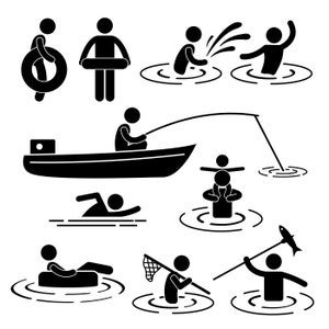 May include: Black and white stick figure illustrations of people enjoying various water activities, including swimming, fishing, boating, and playing in the water.