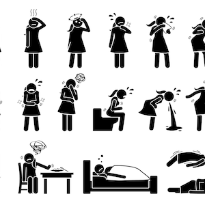 May include: Black and white stick figure illustrations depicting various symptoms of illness, including fever, headache, nausea, vomiting, coughing, sneezing, and feeling faint.