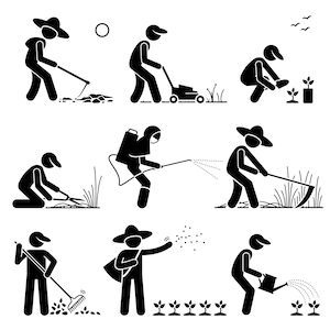 May include: Black and white stick figure illustrations of people performing various gardening tasks, including weeding, mowing, spraying, raking, planting, and watering.