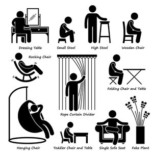 May include: Black and white stick figure illustrations of different types of chairs and seating, including a dressing table, rocking chair, high stool, wooden chair, folding chair and table, hanging chair, toddler chair and table, single sofa seat, and a fake plant.