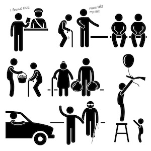 May include: Black and white stick figure illustrations depicting various acts of kindness, such as helping someone with groceries, offering a seat, and assisting someone with a balloon. The text "I found this." and "Please take my seat." are included in the image.