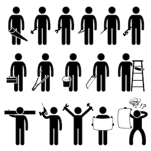 May include: Black and white stick figure illustrations of a variety of construction workers with different tools, including a saw, hammer, wrench, ladder, paint roller, and a bucket.