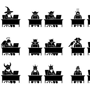 May include: Black and white illustration of various characters working at desks with laptops. The characters include a wizard, a devil, an angel, a pirate, a king, and a goblin.