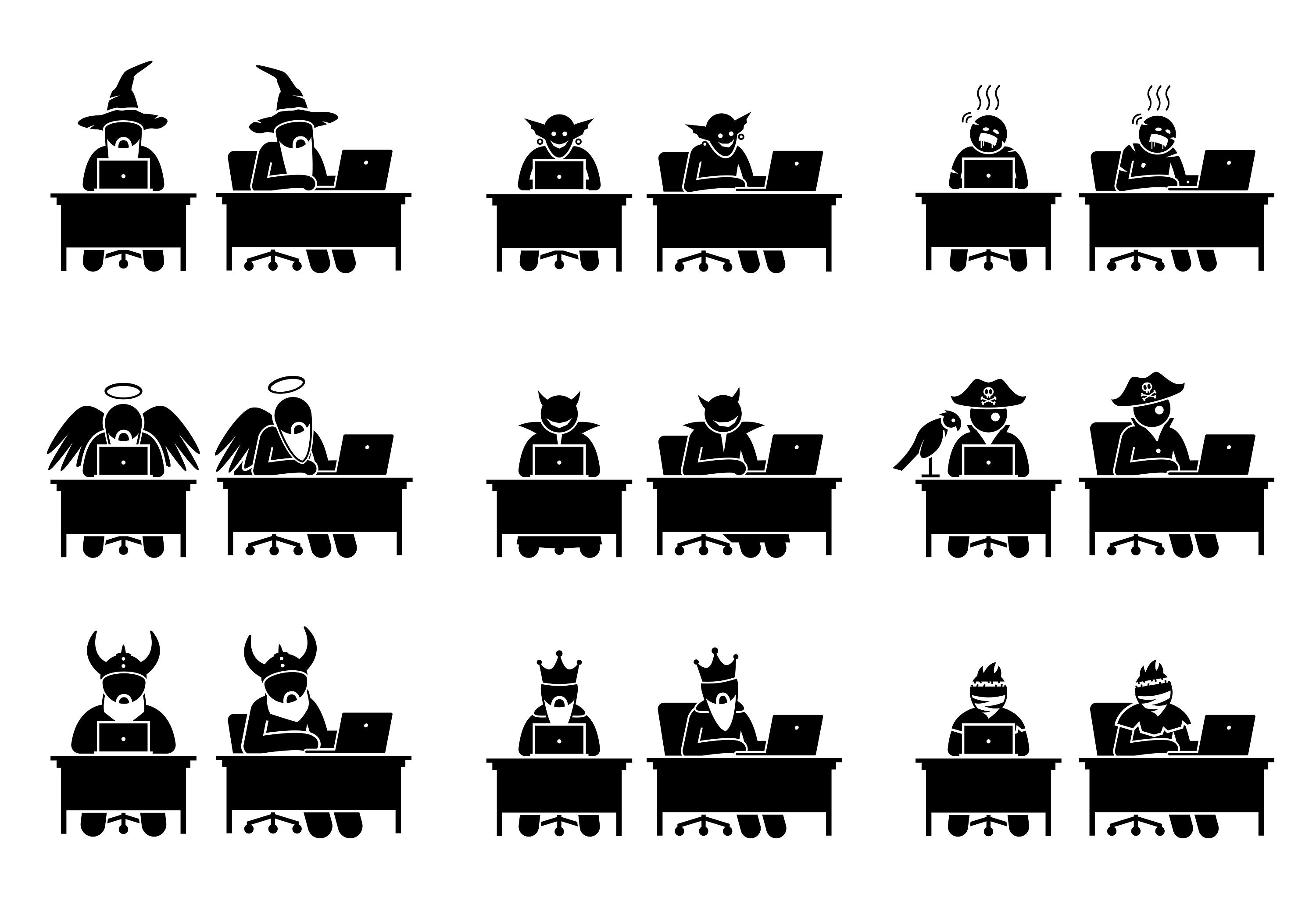 Character Computer Laptop Surf Internet Online Browse Tech Technology Wizard Zombie God Devil Pirate King Troll Download Icon PNG SVG Vector