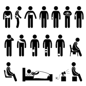 May include: Black and white stick figure illustrations depicting various injuries and medical conditions, including a neck brace, broken arm, leg cast, crutches, and a person in bed.