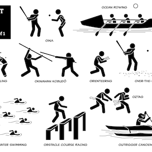 Oina oceaan roeien olie worstelen oriëntatielopen open water zwemmen hindernisbaan racen oztag outrigger kanoën sport spel pictogram SVG PNG EPS