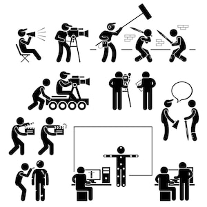 Può includere: Illustrazioni in bianco e nero di figure stilizzate che rappresentano vari aspetti della produzione cinematografica, tra cui la regia, il missaggio audio, l'utilizzo della telecamera e il montaggio.