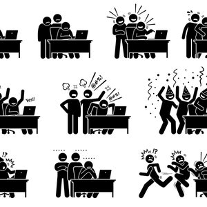 Grupo amigos reacciones personas en línea noticias ordenador sociales medios de comunicación divertido happy triste emociones palo figura de arte EPS PNG SVG Vector