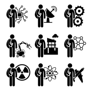 May include: Black and white illustration of a person with a backpack and a book, representing different fields of study. The fields include technology, engineering, architecture, science, and aviation.