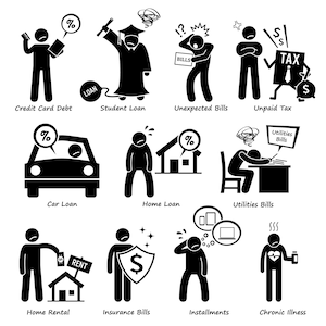 Persoonlijke verplichtingen Schuld Lening Hypothecaire Credit Card Rekeningen Belastingen Huur Arrears Termijnen Medische Betaling Download Iconen PNG SVG Vector
