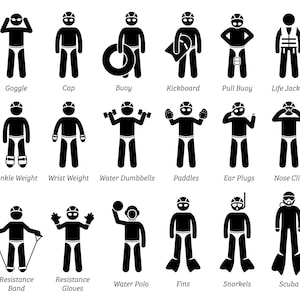 Puede incluir: Ilustraciones en blanco y negro de figuras de palo que representan diversos accesorios y equipos de natación. Las ilustraciones incluyen gafas de natación, un gorro de baño, una boya, una tabla de natación, una boya de tracción, un chaleco salvavidas, pesas de tobillo, pesas de muñeca, mancuernas de agua, palas, tapones para los oídos, un clip para la nariz, una banda de resistencia, guantes de resistencia, waterpolo, aletas, un snorkel y equipo de buceo.