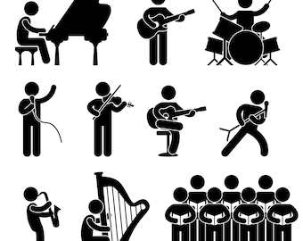 May include: Black and white stick figure illustrations of people playing different musical instruments, including piano, guitar, drums, violin, harp, and singing in a choir.