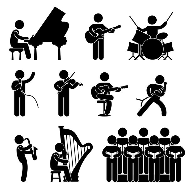 Musiker Pianist Gitarrist Schlagzeuger Schlagzeuger Violinist Rocker Saxophonist Harpist Konzert Chor Gruppe musikalische Performance Icons PNG SVG Vector