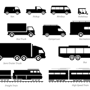 Commercial Landed Automobile Vehicle Vehicles Transportation Taxi Van Pickup Semi Truck Bus Lorry Train Instant Download Icon PNG SVG Vector