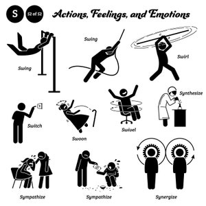 May include: Black and white stick figure illustrations depicting various actions, feelings, and emotions.  The words "Actions, Feelings, and Emotions" are at the top of the image.  The words "Swing", "Switch", "Swivel", "Swoon", "Sympathize", "Synergize", "Swirl", and "Synthesize" are included in the image.