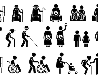 Stick Figures, Wheelchair, Priority Seat, Handicapped, Disabled, Injured, Old Man, Pregnant Woman, Children, Blind, SVG PNG, Signs Symbols