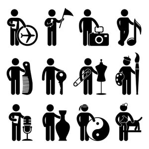 May include: Black and white stick figure icons depicting various professions, including a travel agent, musician, artist, hairdresser, locksmith, tailor, singer, and dog walker.