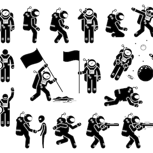 May include: Black and white illustration of an astronaut in various poses, including walking, planting a flag, holding a compass, and floating in space. The astronaut is wearing a spacesuit with a helmet and a backpack.