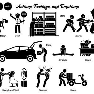 May include: Black and white illustrations depicting various actions and emotions. The image includes figures representing actions like stooping, stopping, storing, storming, straddling, straining, straightening hair, strangling, and strapping.