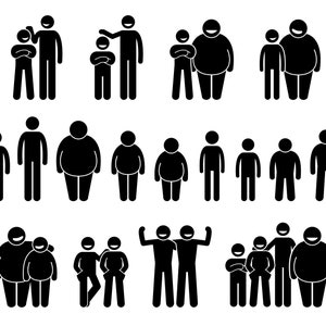 Figuras de palo Stickman Diferentes tamaños de cuerpo Formas Personas humanas Stick Man Group Person Bundle Set Silhouette Sign Symbol EPS SVG PNG Vector
