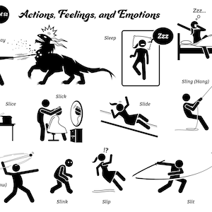 May include: Black and white stick figure illustrations depicting various actions, feelings, and emotions.  The illustrations include actions such as slaying, sleeping, slicing, slicking, sliding, slinging, slinking, slipping, and slitting.  The illustrations also include emotions such as sleepy.