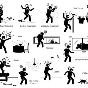 May include: Black and white stick figure illustrations depicting various household pests and wild animals, including cockroaches, rodents, mosquitoes, flies, termites, snakes, geckos, and wild animals. Each illustration shows a person reacting to the pest or animal with a surprised or scared expression.