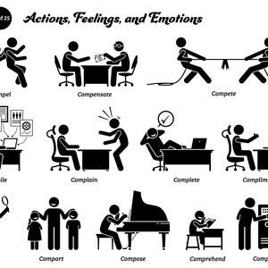 Puede incluir: Ilustraciones en blanco y negro de figuras de palo que representan diversas acciones, sentimientos y emociones. Las palabras "Acciones, Sentimientos y Emociones" están en la parte superior de la imagen. Las palabras "Obligar", "Compensar", "Competir", "Compilar", "Quejarse", "Completar", "Felicitar", "Cumplir", "Consolar", "Componer", "Comprender" y "Comprimir" están enumeradas debajo de cada ilustración.