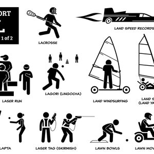 May include: Black and white stick figure illustrations of various sports, including lacrosse, land speed records, land sailing, land windsurfing, laser run, laser tag, lapta, lawn bowls, and lawn mower racing. The title "SPORT L PART 1 of 2" is at the top of the image.