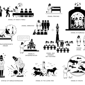 May include: Black and white illustrations depicting scenes from the biblical story of Daniel. The illustrations include Daniel praying, Daniel in the lion's den, Daniel's interpretation of Nebuchadnezzar's dream, and Daniel and his friends refusing to bow down to a statue.