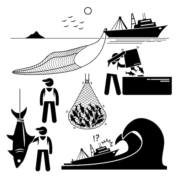 Fisherman Working Fishery Industry Industrial Large Boat Ship Trawler Fishing Net Big Small Danger Storm Risk Download Icons PNG SVG Vector