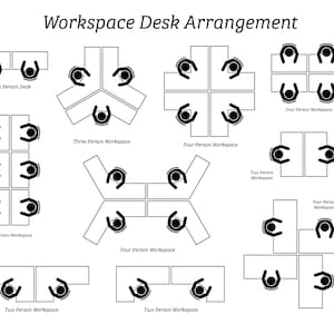 May include: Diagram showing different workspace desk arrangements for two, three, four, and six people. The diagram shows various configurations of desks and chairs, with each person represented by a simple stick figure.