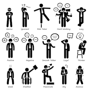Businessman Attitude Personalities Characters Genius Ignorant Hard Working Lazy Positive Negative Loyal Thinker Weak Passion Shy SVG Vector