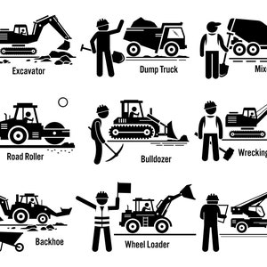 Puede incluir: Ilustración en blanco y negro de diferentes tipos de vehículos de construcción, incluyendo una excavadora, un camión volquete, un camión mezclador, un rodillo compactador, una grue de bola de demolición, una bulldozer, una retroexcavadora, una pala cargadora de ruedas y una grúa. Cada vehículo se representa con un operador de figura de palo.