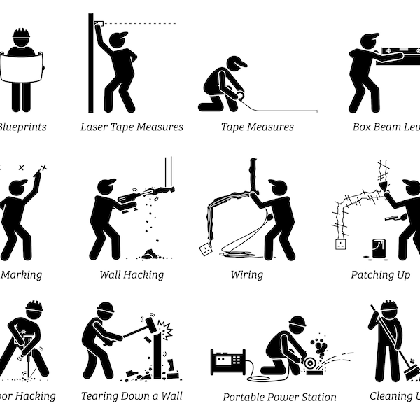 Construction Renovation House Home Improvement Man Stick Figure Work Worker Repair Engineer Cabling Clean Icons PNG SVG EPS Vector Download