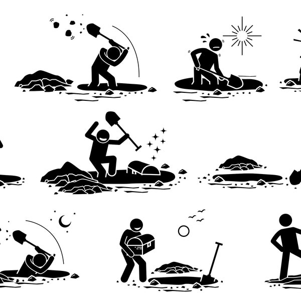 Stick Figure Stickman Man Digging a Hole Finding Searching Found Treasure Chest Bury Success Fail Artwork Illustrations EPS PNG SVG Vector