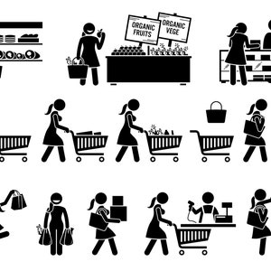 Woman Grocer Grocery Market Marketplace Buy Food Fruits Vegetables Meat Shopping Cart Shop Shopper Store Mall Supermarket SVG PNG EPS Vector