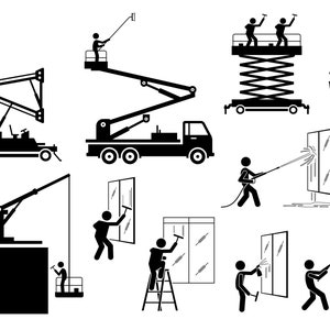 Puede incluir: Ilustración en blanco y negro de diferentes formas de limpiar ventanas. Una persona está limpiando una ventana desde una plataforma elevadora, una plataforma elevadora de tijera, una escalera y una grúa. Una persona está limpiando una ventana con una escobilla de goma, una botella de spray y un cepillo de mango largo.
