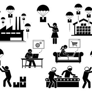 Dropshipping Drop Shipping Business Manufacturer Package Deliver Seller E-commerce Parachute Logistic Factory Stick Figure PNG SVG Vector
