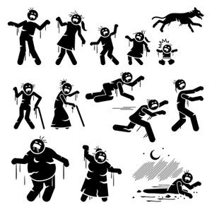 May include: Black and white silhouette illustrations of various zombies in different poses. Some zombies are walking, some are crawling, and some are lying down. There is also a zombie dog and a zombie baby.